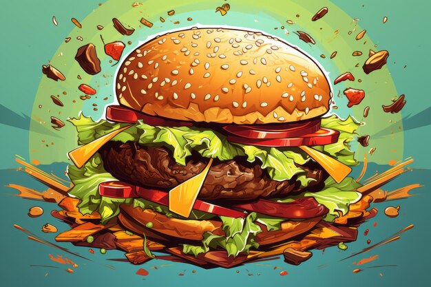 Ingredientes voladores Una colorida ilustración vectorial de una hamburguesa de comida rápida