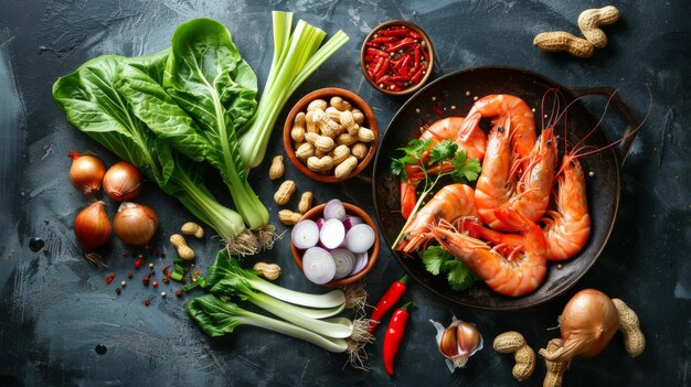 Foto ingredientes voladores de wok camarón verduras pak choi hojas cebollas y cacahuetes entrega de comida asiática recetas chinas ingredientes de preparación de wok imagen vertical