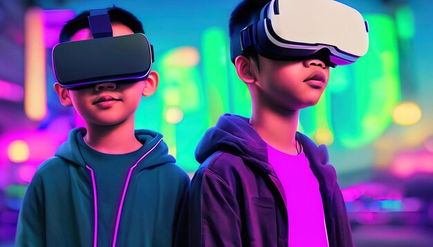 Ingrese al Reino Cyberpunk Sumérjase en ilustraciones 4K de un niño que usa auriculares VR en Vibrant