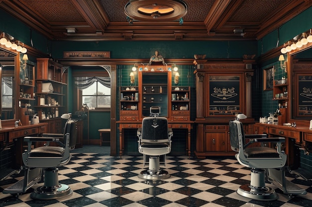 Ingrese a una barbería con un encanto atemporal, con piso a cuadros y paredes de color verde vibrante. Una representación histórica de una barbería de los años 20 generada por IA.