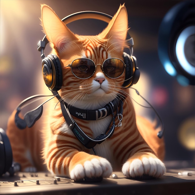 Ingwer-DJ-Katze mit Sonnenbrille und Kopfhörern Generative KI