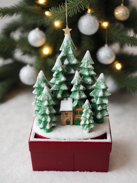 Ingwerbrot-Cottage-Haus auf echtem Weihnachtsbaum-Hintergrund