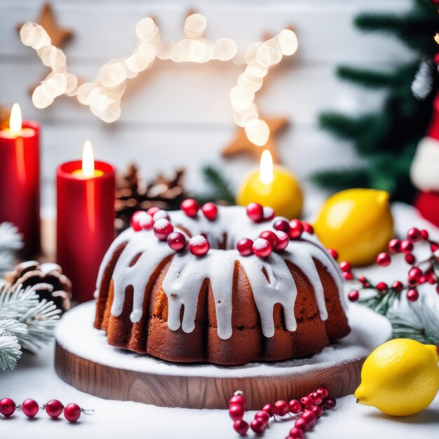 Foto ingwerbrotkuchen zu weihnachten mit lingonbeeren und weihnachtsdekorationen auf weißem hintergrund