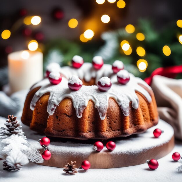 Foto ingwerbrotkuchen zu weihnachten mit lingonbeeren und weihnachtsdekorationen auf weißem hintergrund