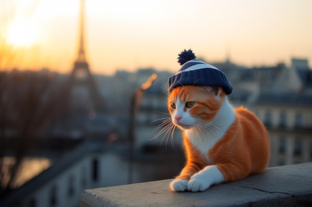 Ingwerkatze mit Strickmütze im Sonnenuntergang Eiffelturm im Hintergrund Generative KI