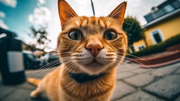 Ingwerkatze sitzt auf der Bank im Park und blickt nach oben