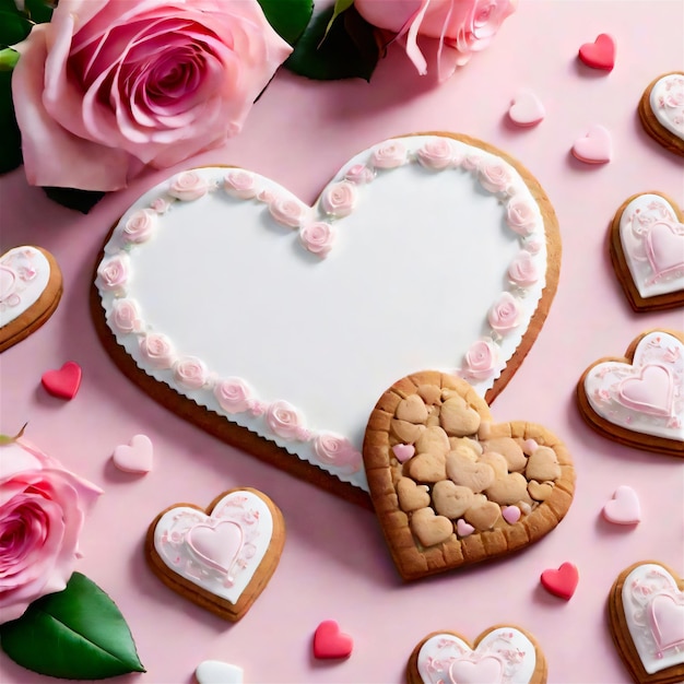 Ingwerkekse in Form eines Herzens mit rosa und weißer Glasur Close Up Backen für den Valentinstag