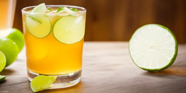 Ingwersirup, frischer Kalk, Ingwerbier in einem Glas auf dem Holztisch mit Bokeh-Lichtern im Hintergrund