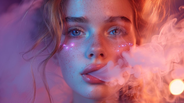 Inhalación de cigarrillo electrónico en luces brillantes Retrato de una mujer modelo de belleza en luces brillante con humo de colores Concepto de vida nocturna