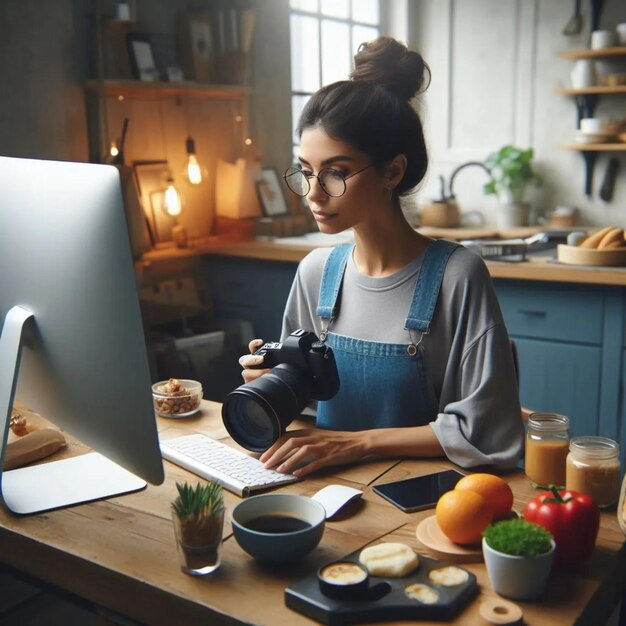 Foto inhaltsersteller, der zu hause arbeitet, im imac-büro, remote-freelancer