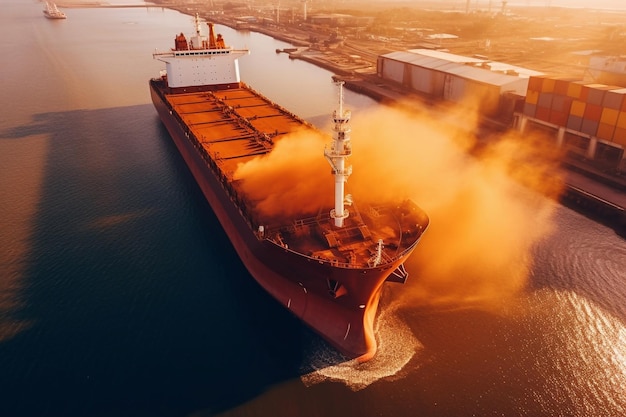 Iniciativa de Granos del Mar Negro 2023 Trato de granos Grúas portuarias cargando granos en un granelero en un día soleado Toma panorámica hecha por drone IA generativa