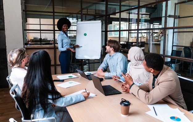 Inicie a equipe de negócios no escritório. Grupo multiétnico trabalhando junto em um novo projeto na sala de conferências