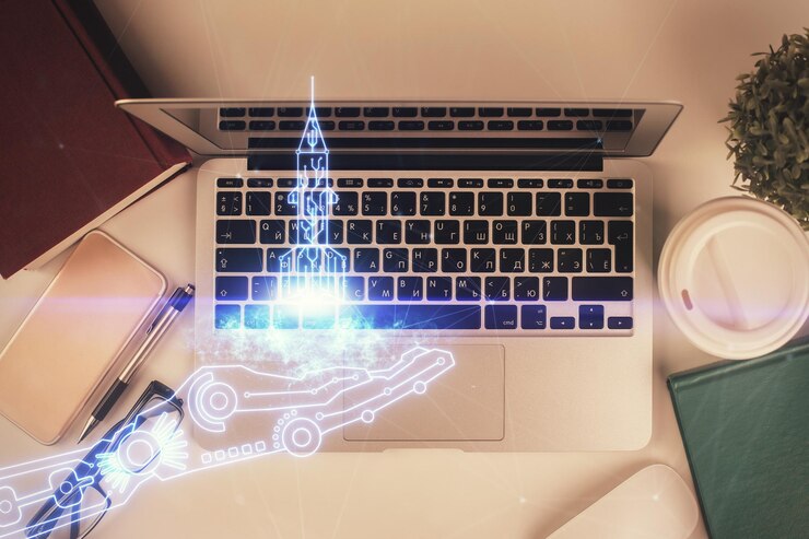Foto inicie el dibujo del tema sobre la computadora en el fondo del escritorio vista superior doble exposición concepto de lluvia de ideas