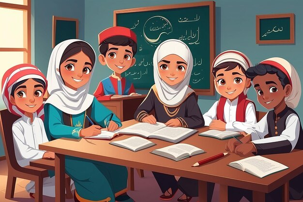 início da aprendizagem com crianças escolares árabes na mesa em roupas nacionais Conjunto de aluno árabe em estilo plano