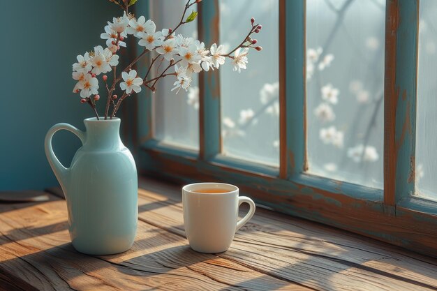 início da primavera luz ensolarada em pequena mesa aconchegante estilo minimalista fotografia profissional