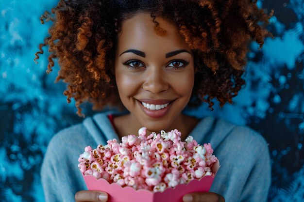 Inicio Entretenimiento Bliss Chica linda con un cuenco de palomitas de maíz rosas IA generativa