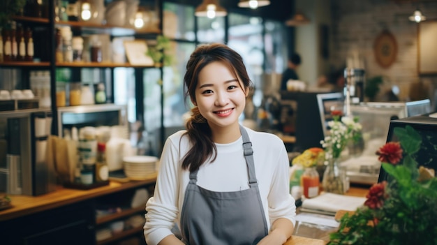 Inicio exitoso propietario de una pequeña empresa PYME BeautyGirl vlogger cafetería marketing en línea cámara mujer asiática retrato propietario de una cafetería barista