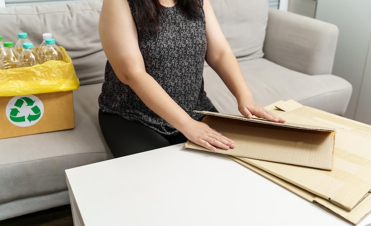 Foto inicio reciclaje concepto eco cero desperdicio mujer usando caja de papel reciclado apilando caja de cartón marrón embalaje ecológico hecho de materias primas reciclables