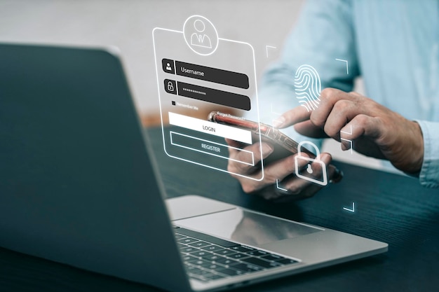 Inicio de sesión y contraseña del concepto de red y seguridad cibernética Usuario escribiendo contraseña acceso seguro a información personal Seguridad cibernética y cifrado acceso seguro a Internet en pantalla digital virtual