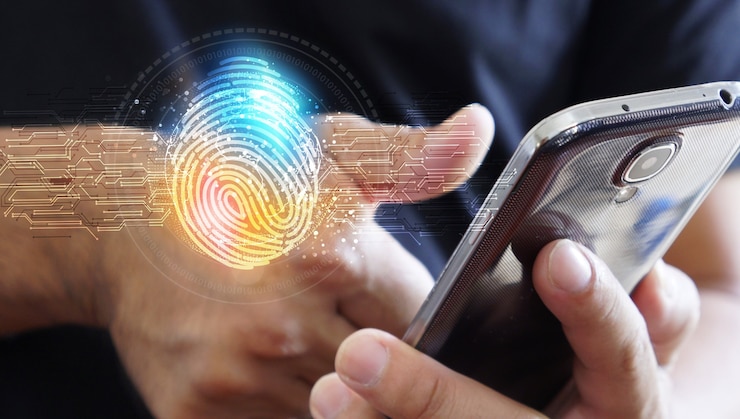 Foto inicio de sesión de empresario con tecnología de escaneo de huellas dactilares. huella digital para identificar el concepto de sistema de seguridad personal