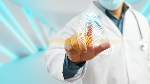 Foto inicio de sesión médico con tecnología de escaneo de huellas dactilares. huella digital para identificar el concepto de sistema de seguridad personal