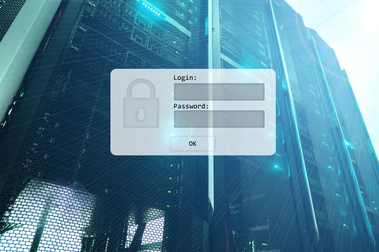 Foto inicio de sesión en la sala del servidor y solicitud de contraseña acceso a datos y seguridad