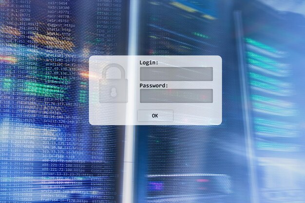 Foto inicio de sesión en la sala del servidor y solicitud de contraseña acceso a datos y seguridad