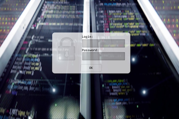 Foto inicio de sesión en la sala del servidor y solicitud de contraseña acceso a datos y seguridad