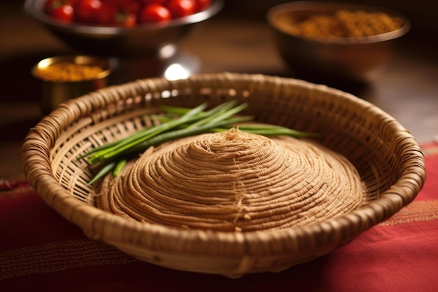 Injera etíope em uma cesta tecida