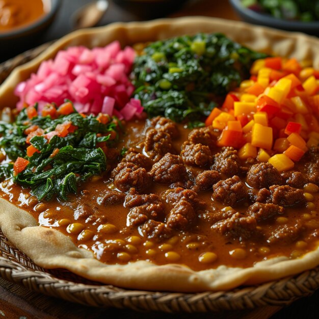 Foto injera etíope pão plano tradicional esponjoso com guisados saborosos