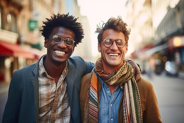 Inklusives Schwulenpaar-Porträt Afrodeszendenter Mann und blonder Mann, der sich auf der Straße umarmt und zum Pride Day am 28. Juni lächelt LGBTQ