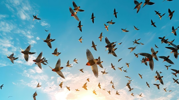En la inmensidad del cielo azul, una animada bandada de pájaros toma vuelo, sus alas se deslizan sin esfuerzo por el aire Generado por AI