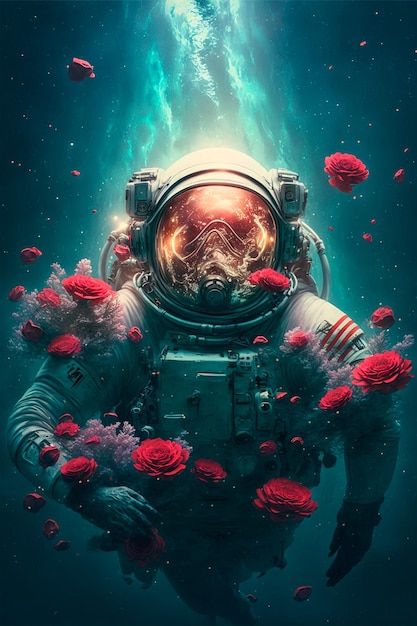 Foto la inmersión de un astronauta en un mundo de flores y maravillas