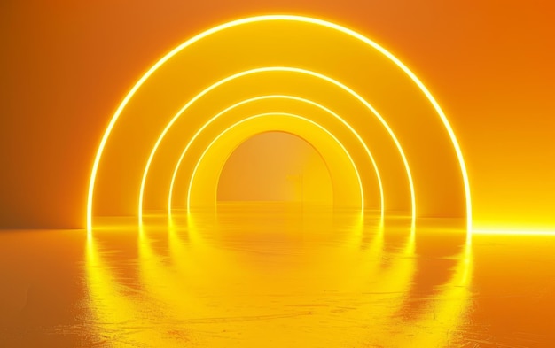 Un inmersivo túnel luminoso de arcos anidados brillantes en un cálido tono ámbar que crea una sensación de tranquilidad y asombro
