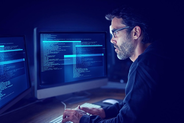 Foto inmerso en los metadatos captura de un pirata informático enfocado usando una computadora en la oscuridad