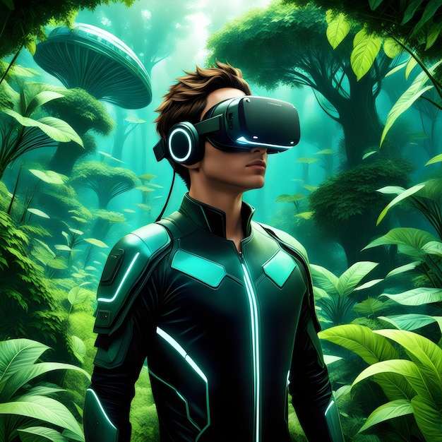 Inmersos en la vegetación Exploración futurista de realidad virtual para un joven