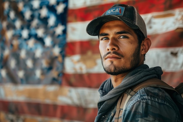 Foto un inmigrante de pie ante la bandera estadounidense