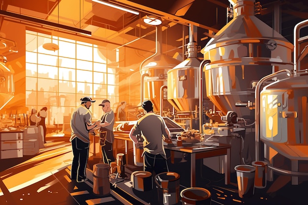 Inmitten der lebendigen Atmosphäre einer Brauerei machen die Mitarbeiter leidenschaftlich Bier, das mit KI generiert wird.