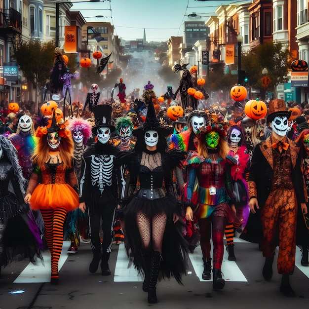 Foto inmitten der lebendigen farben einer straßenparade marschieren kostümierte feierleute in einer halloween-parade inmitten