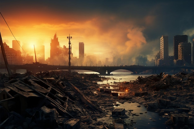 Inmitten der Verwüstung liegt ein apokalyptisches Stadtbild in Trümmern