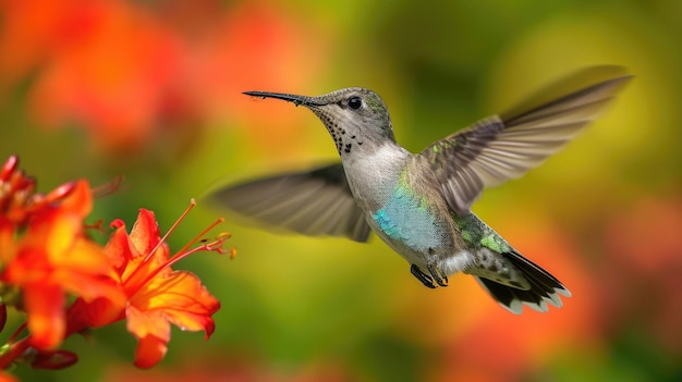 Inmitten des Fluges Feuerhals-Kolibri mit ausgestreckten Flügeln in der Nähe von Orangenblüten