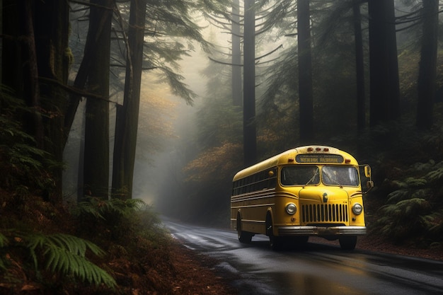 Inmitten des nebligen Waldes steht ein klassischer gelber Bus, ein nostalgischer Anblick.