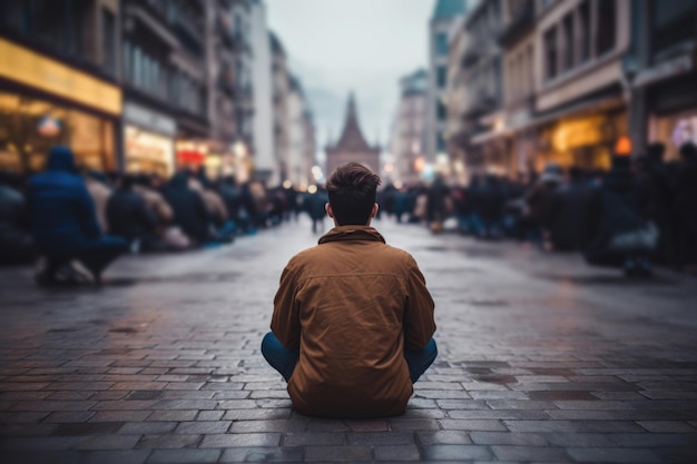 Inmitten einer geschäftigen Nacht in der Stadt sitzt ein Mann im Lotussitz und umarmt die Ruhe, die die Bedeutung des geistigen Gleichgewichts widerspiegelt