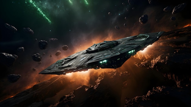 Inmitten einer Invasion von Außerirdischen navigiert ein Raumschiff durch pixelierte Asteroidenfelder