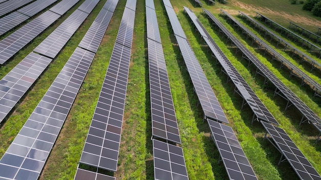 Inmitten einer üppigen Wiese und eines Waldes erheben sich Sonnenkollektoren, die die Energie der Sonne nutzen. Ihre glänzenden Oberflächen reflektieren den pulsierenden Himmel und sorgen für einen faszinierenden Anblick