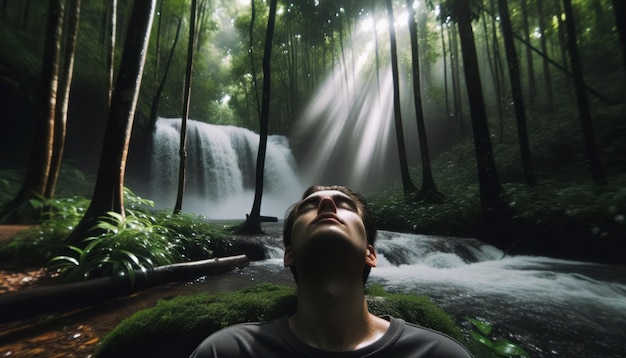 Inmitten einer Waldlichtung zeigt eine Nahaufnahme eine Person in entspannter Haltung, die mit geschlossenen Augen die Geräusche und die Energie einer Person in der Nähe aufnimmt