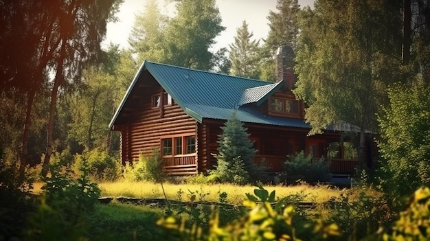 Inmitten eines üppigen Waldes mit einem Holzhaus. Generative KI zeigt die Vor- und Nachteile eines Holzhauses und die Idee von Vorstadtimmobilien