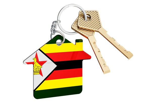 Inmobiliario en Zimbabue Llave de llave de casa con bandera de Zimbabue Concepto de alquiler o hipoteca de propiedad renderizado en 3D.