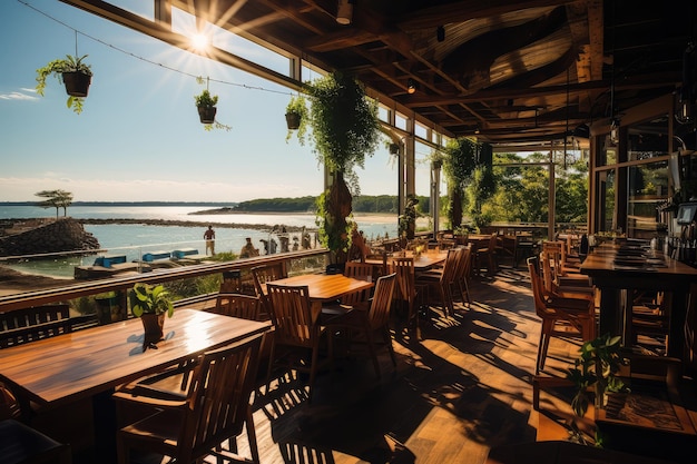 Innenansicht des Restaurants auf der Dachterrasse mit Blick auf den Strand, professionelle Werbefotografie