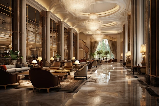 Innenansicht einer Luxushotellobby 3D-Rendering 3D-Illustration Innenansicht einer Hotellobby Innenansicht einer Luxushotellobby KI-generiert